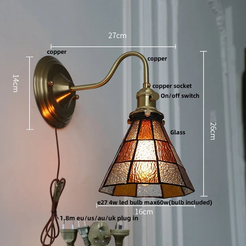 Afralia™ Vintage Green Glass LED Wall Sconce with Copper Knob Switch
