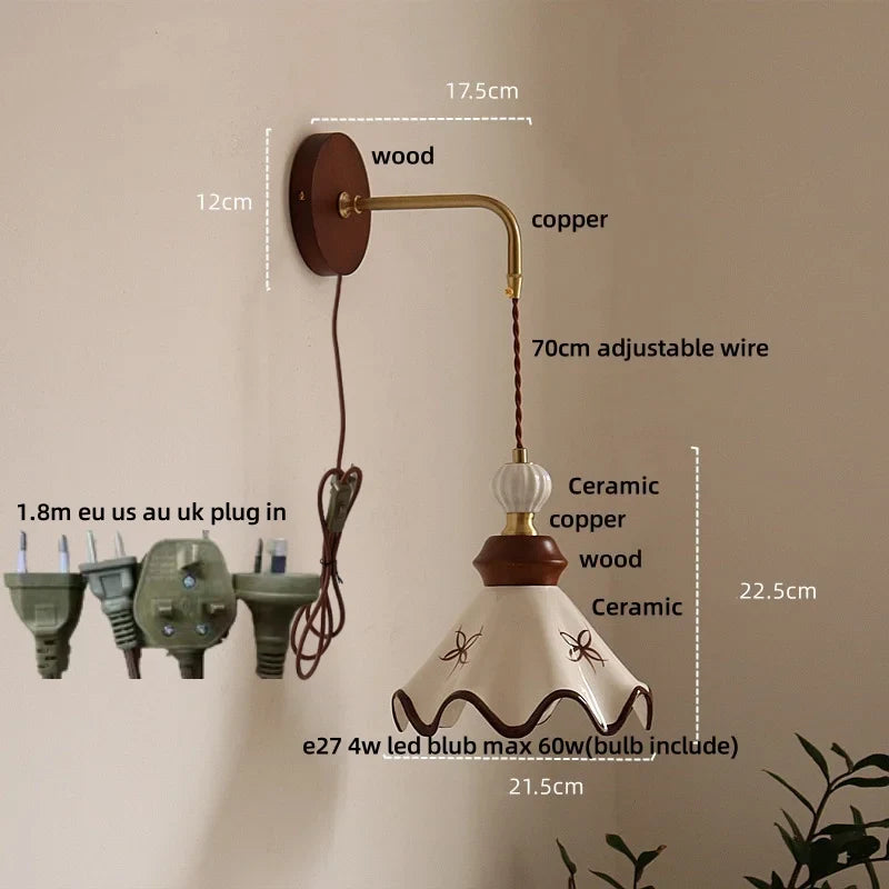 Afralia™ Nordic LED Wall Sconce Flower Ceramic Copper Wood Bedroom Reading Light