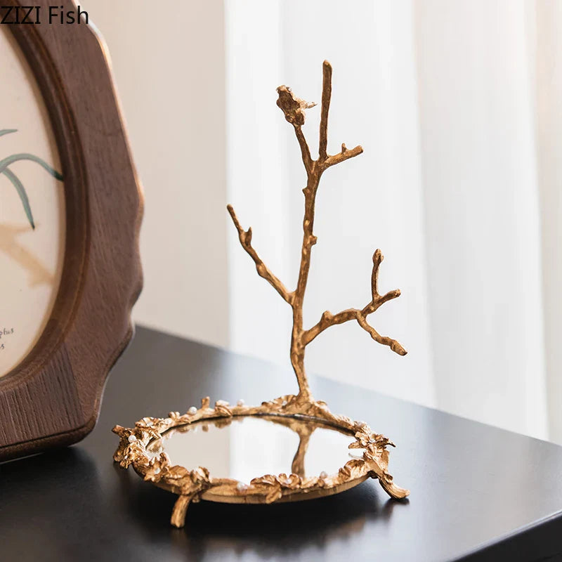 Afralia™ Golden Glass Tray Branch Storage Cosmetics Organizer Jewelry Display Plate