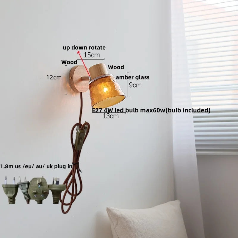 Afralia™ Amber Glass LED Wall Sconce Nordic Modern Wood Pull Chain Switch Stair Light
