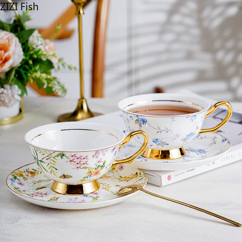 Afralia™ Gold Flowers Pattern Ceramic Cup & Saucer Set for Elegant Dining Experience
