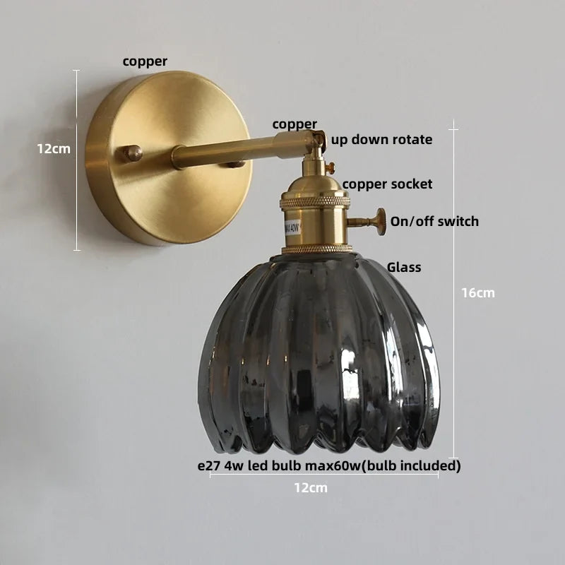 Afralia™ Vintage Glass Wall Sconce - LED Pull Chain Switch Up Down Rotate Wall Lamp