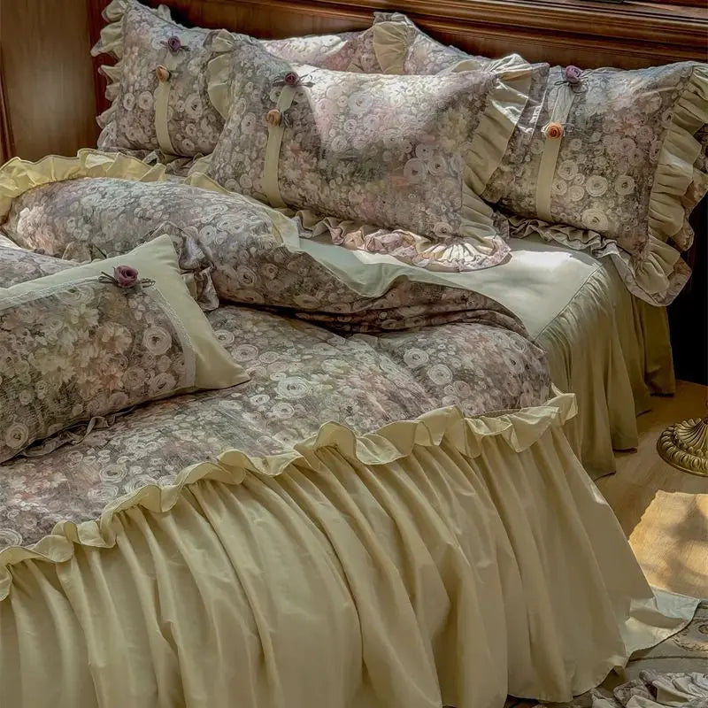 Afralia™ Vintage French Flowers Lace Ruffles Bedding Set with Egyptian Cotton Quality