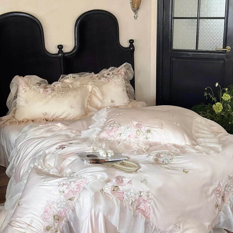 Afralia™ Vintage Lace Ruffles Embroidery Bedding Set with Duvet, Sheet, and Pillowcases