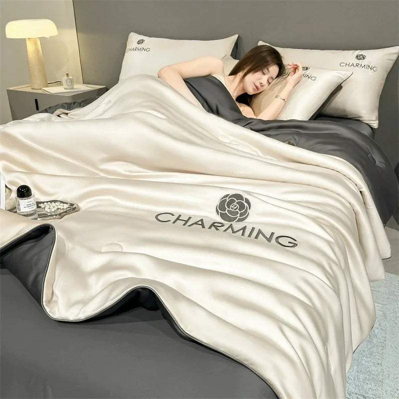 Afralia™ Nordic Style Floral Embroidered Ice Silk Comforter Set for Cooling Luxury Experience.