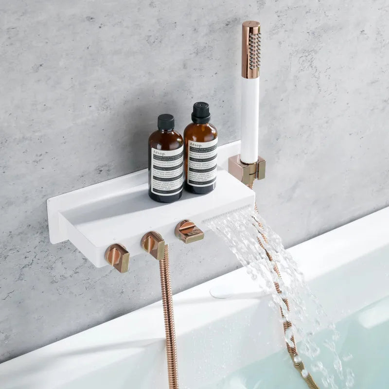 Afralia™ Wall-Mounted White Rose Gold Bathtub Faucet Set with Waterfall Shower