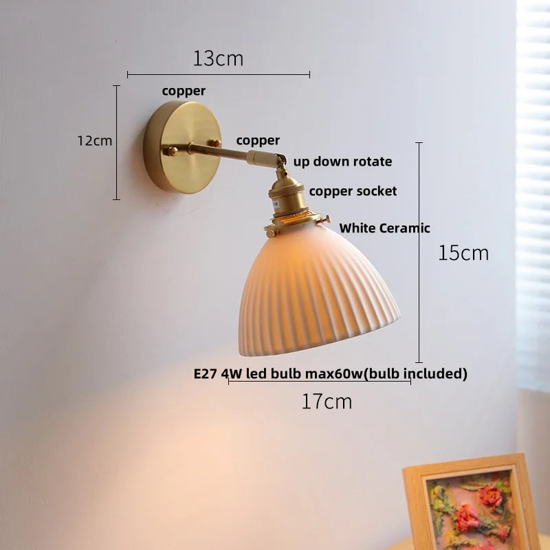 Afralia™ Ceramic Copper LED Wall Sconce Pull Chain Switch Reading Room Bedside Lamp