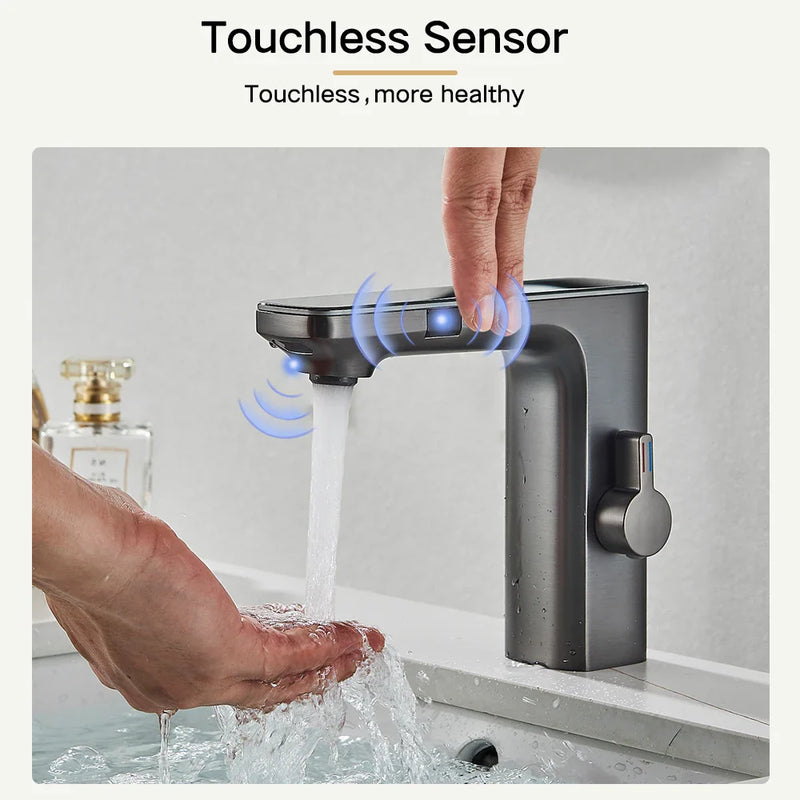 Afralia™ Touchless Sensor Brass Smart Digital Bathroom Sink Faucet Grey Hot Cold Mixer