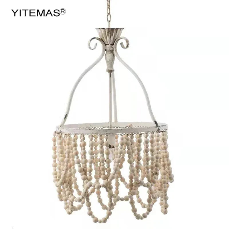 Afralia™ Vintage White Wooden Beads Chandelier French Country Dining Room Lighting