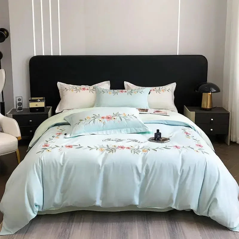 Afralia™ Flower Embroidery Cotton Duvet Cover Set, Queen/King Size Bedding Set with Sheets