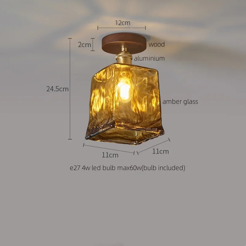 Afralia™ Amber Glass LED Ceiling Light: Modern Aluminum Wood Kitchen Balcony Room Lamp