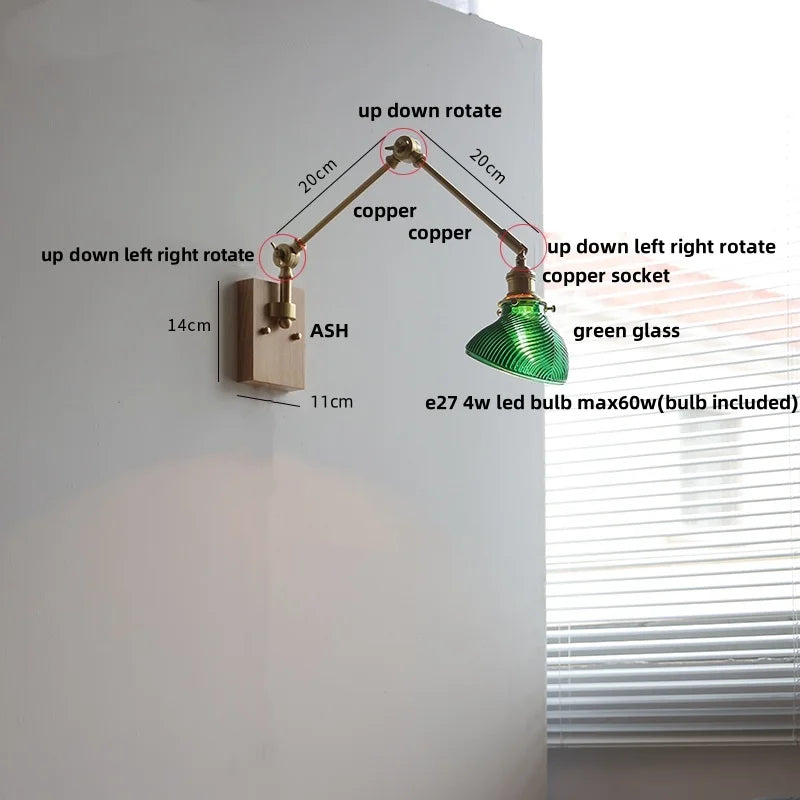 Afralia™ Nordic Green LED Wall Sconce with Swing Arm, Wood Base and Pull Chain Switch