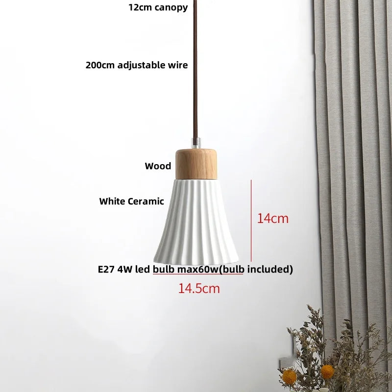 Afralia™ Nordic LED Pendant Light Wood White Ceramic Hanging Lamp