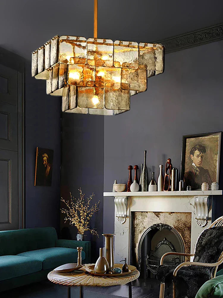 Afralia™ Gold Glass Square Chandelier - Light luxury Living Room Ceiling Fixture