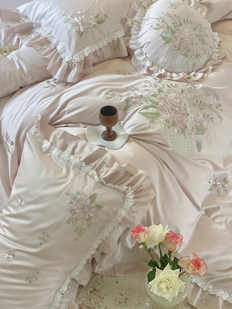 Afralia™ Vintage Rose Flowers Embroidery 1000TC Egyptian Cotton 4/7Pcs Bedding Set