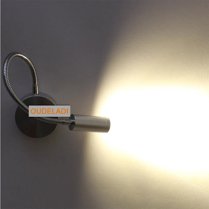 Afralia™ Silver LED Wall Lamp 3W Flexible Arm Bedside Study Light