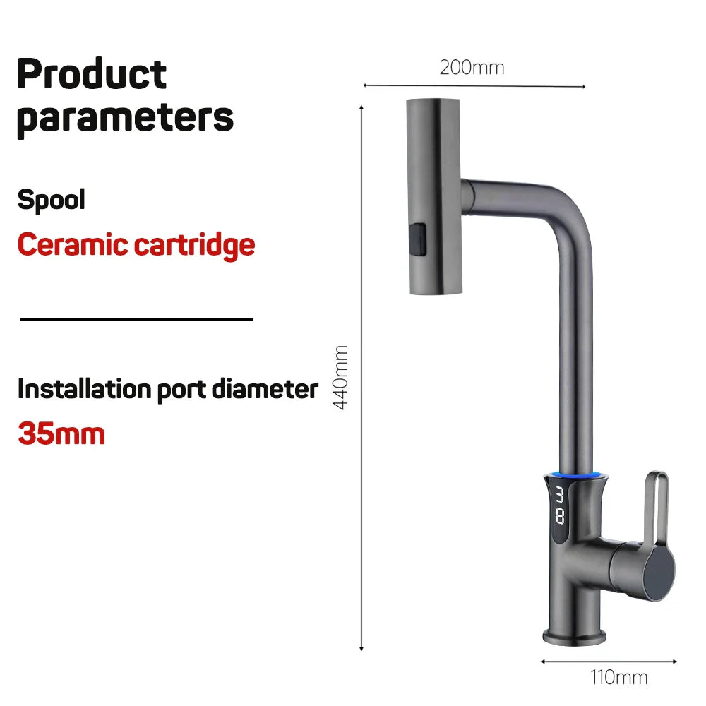 Afralia™ Digital Display Waterfall Kitchen Sink Faucet with Pull Out Sprayer