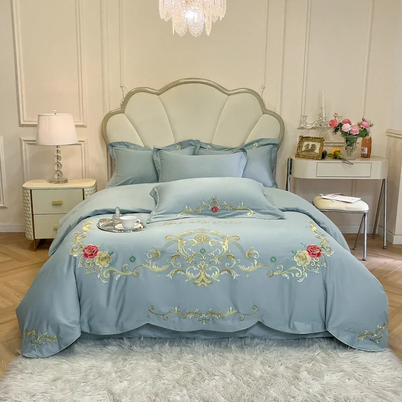 Afralia™ Floral Embroidery Luxury Bed Set - Queen/King Duvet Cover, Sheet, Pillowcases