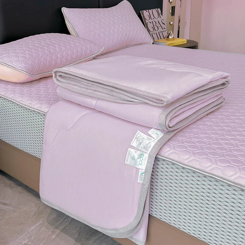 Afralia™ Silk Summer Blanket Set: Latex Fitted Sheet, Pillowcase, Queen Lightweight Comforter