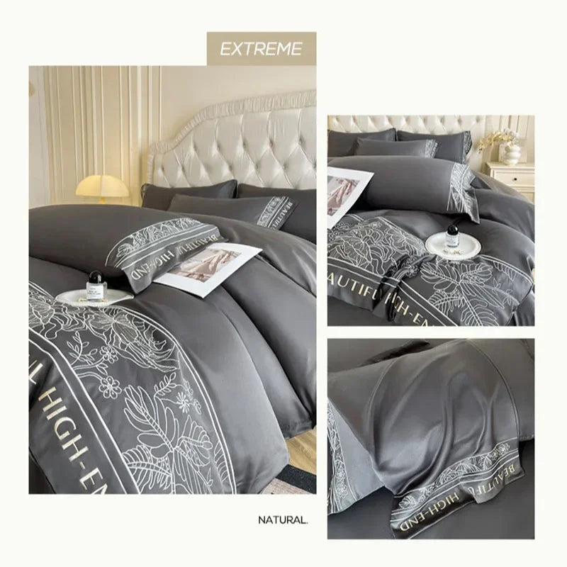 Afralia™ Solid Ice Silk Embroidery Bedding Set: Silky Cooling Duvet Cover, Cozy & Skin-Friendly