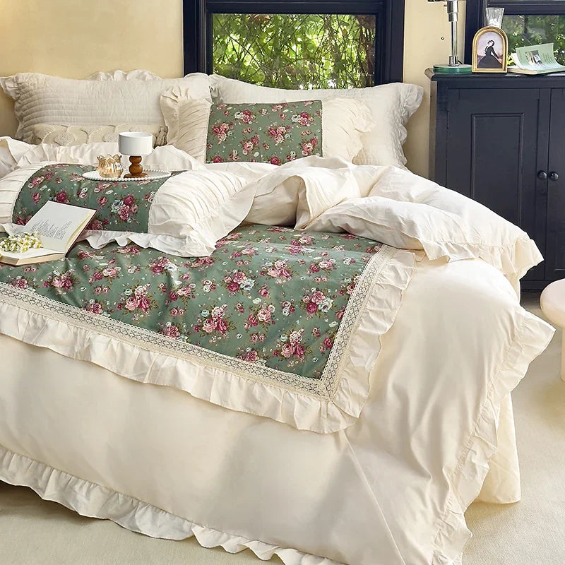 Afralia™ French Flowers Lace Ruffles Cotton Bedding Set with Duvet Cover, Bed Skirt, and Pillowcases