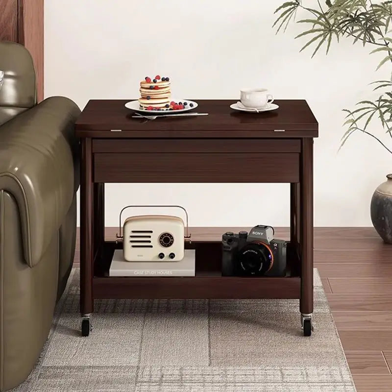 Solid Wood Cart Coffee Table with Folding Desktop and Storage by Afralia™