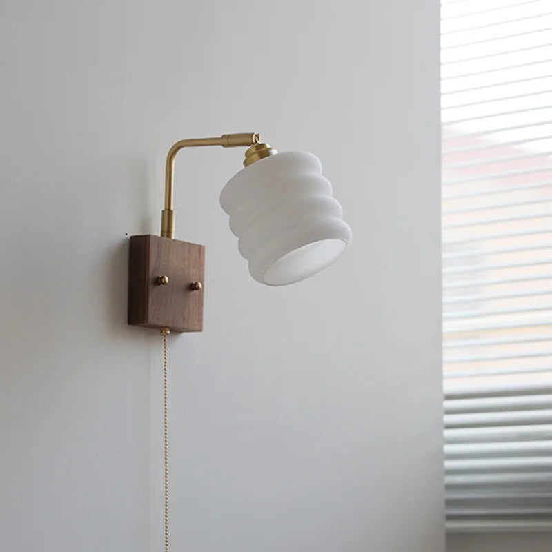 Afralia™ Walnut Wood Rotatable LED Wall Sconce White Glass Bedside Lamp