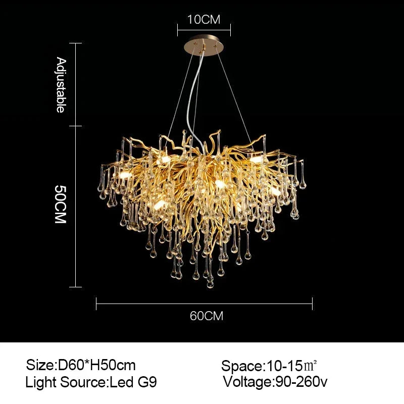 Afralia™ Branch-shaped Golden Crystal Chandelier for Villa Bedroom and Living Room