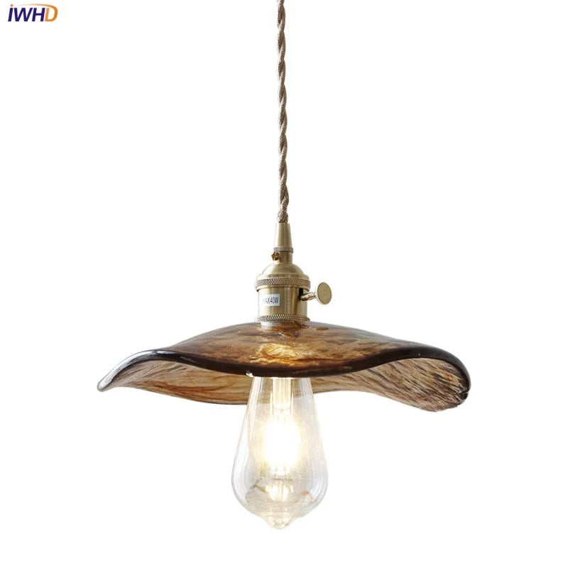 Afralia™ Brass Knob Switch LED Pendant Light, Nordic Amber Glass Hanging Lamp