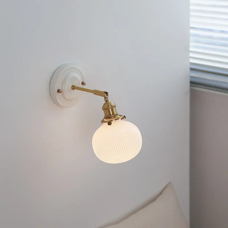 Afralia™ White Glass LED Wall Lights Fixtures Up And Down Ceramic Canopy Copper Arm Socket