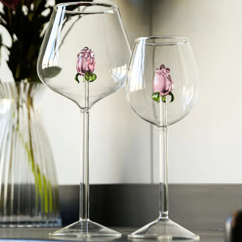 Afralia™ 3D Pink Glass Rose Wine Goblets Set - Lovely Household Gift