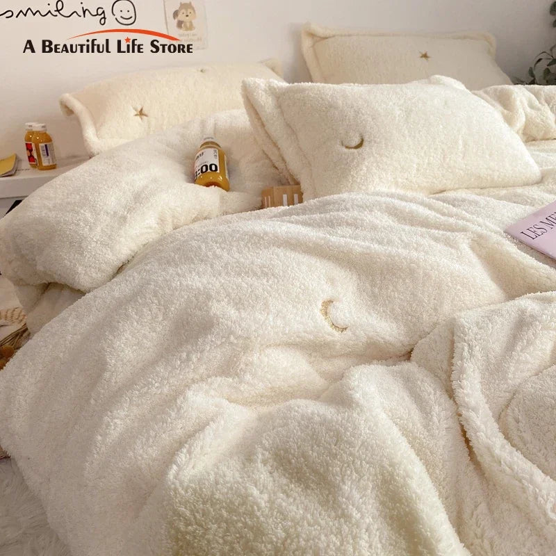 Afralia™ Berber Fleece Star Bear Embroidery Bedding Set - Cream White, Winter Home Textiles
