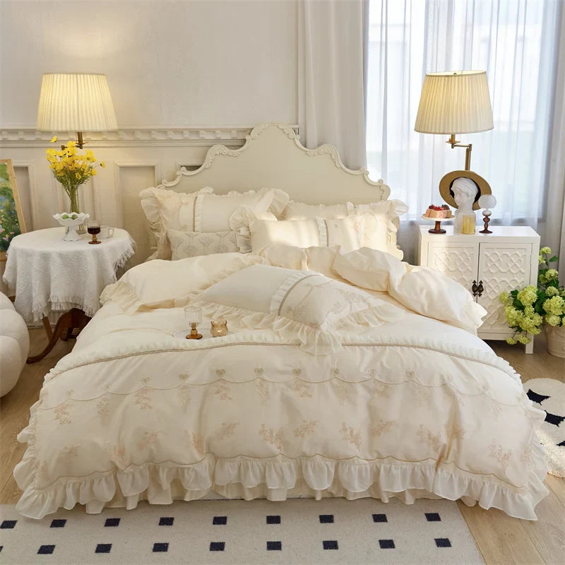 Afralia™ Elegant Heart Embroidery Lace Princess Wedding Bedding Set