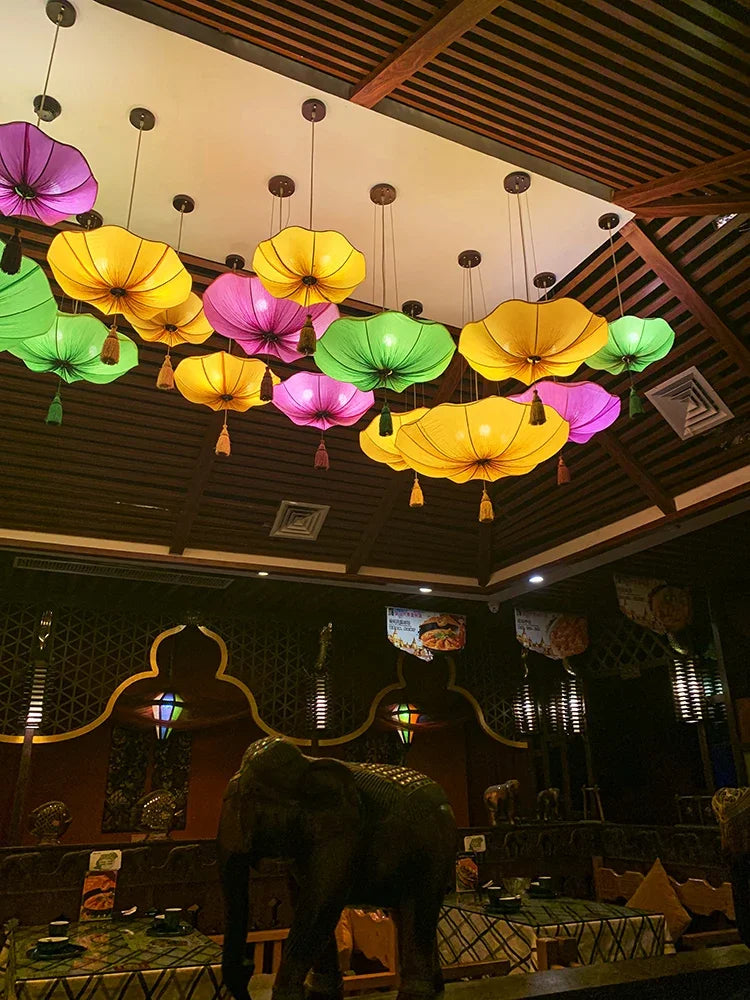 Afralia™ Lotus Leaf Lantern Pendant Light Handmade Fabric Hanging Lamp for Kitchen & Restaurant