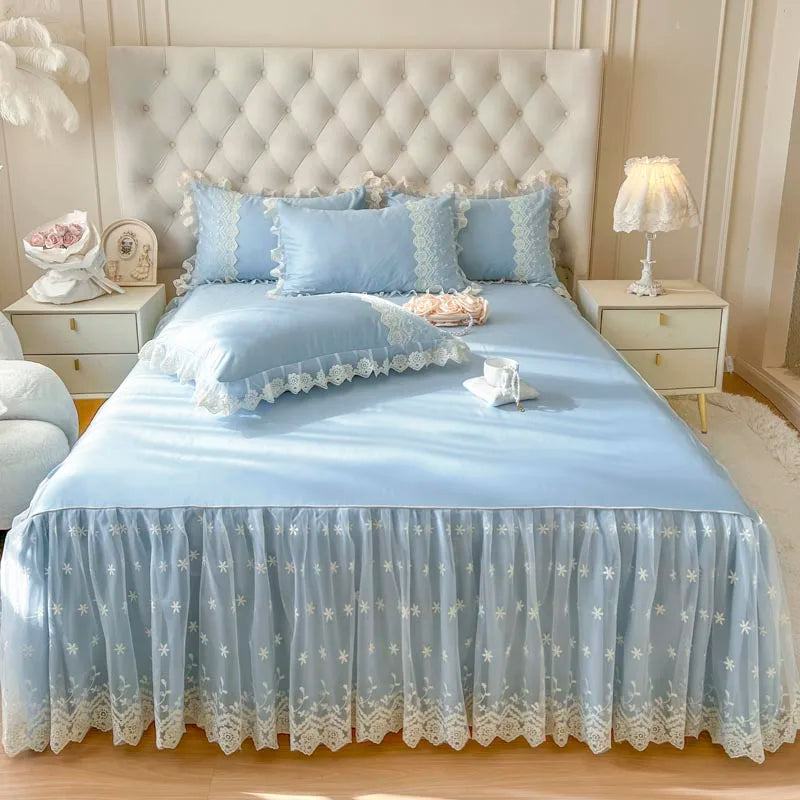 Afralia™ Cotton Lace Princess Bed Sheet Set with Solid Color Bedspread