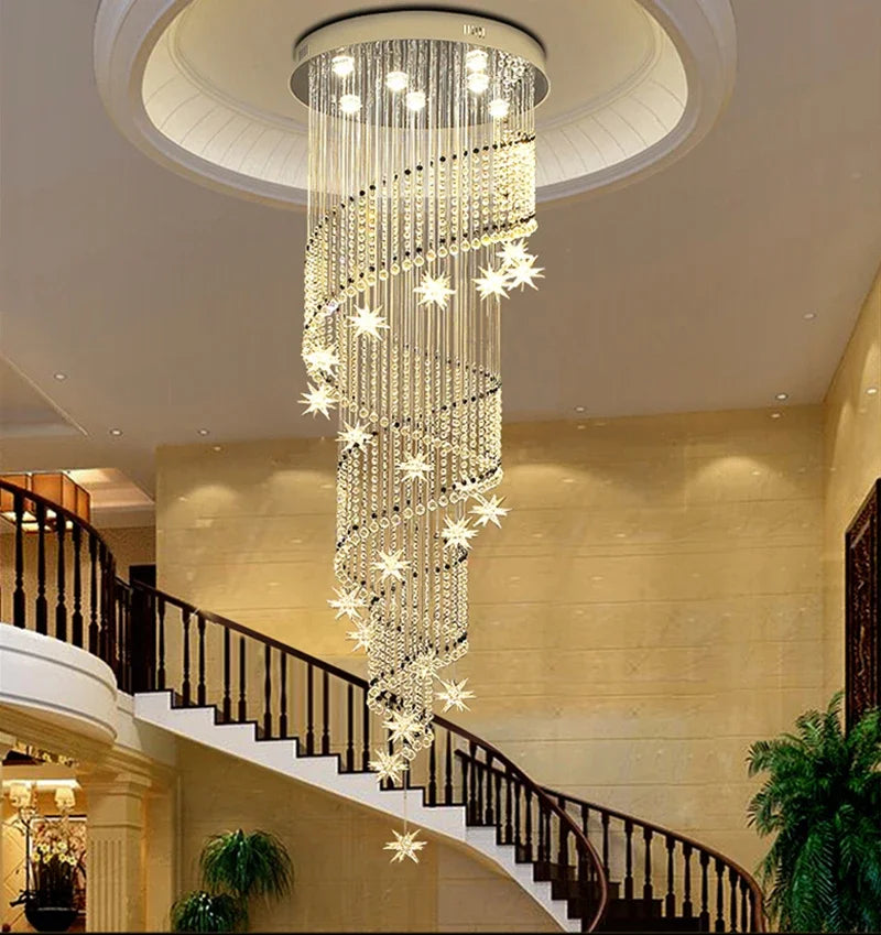 Afralia™ Moon & Star Crystal Chandelier: Spiral Design for Lobby and Staircase Lighting