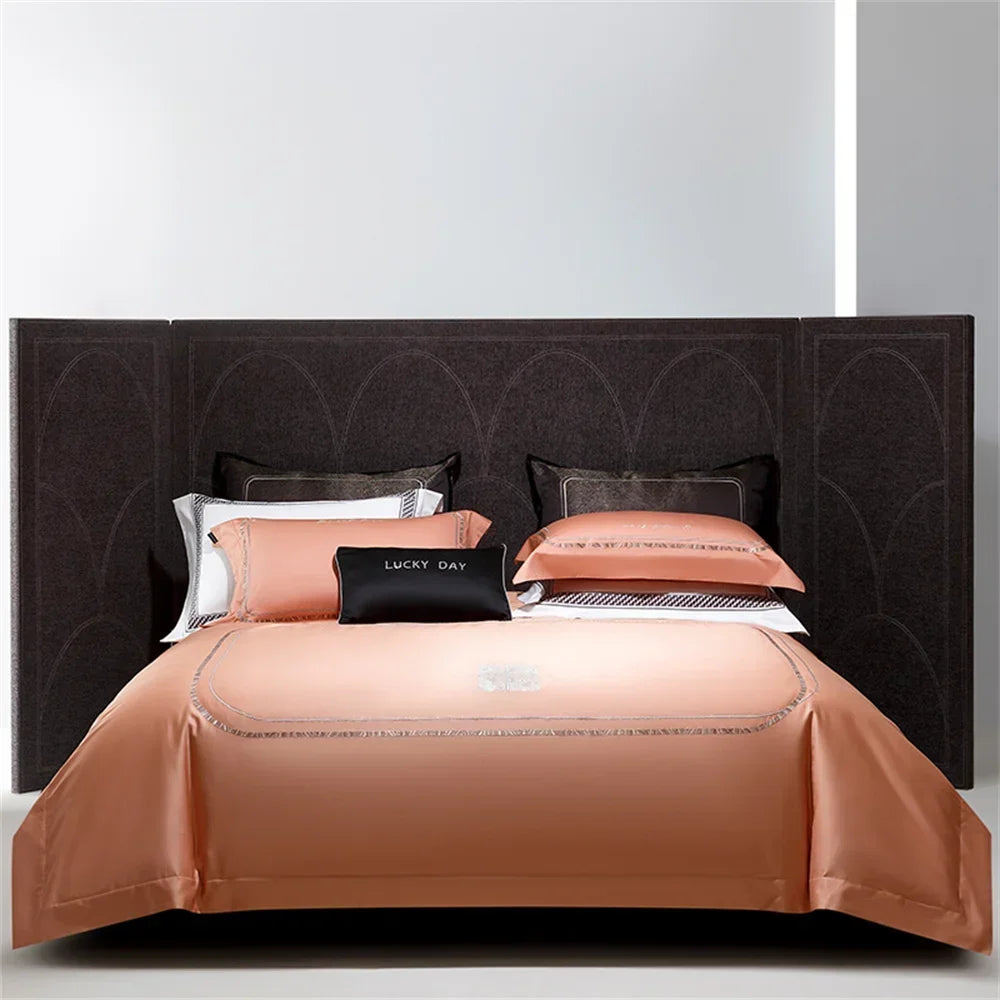 Afralia™ Cotton Satin Jacquard Embroidery Bedding Set with Elastic Sheet & Duvet Cover