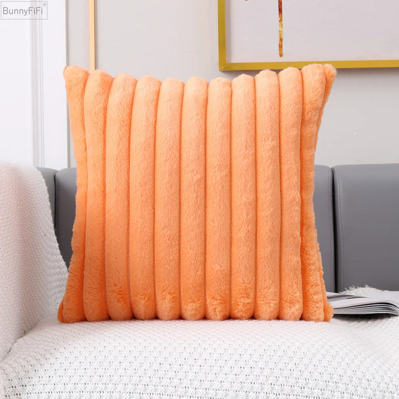 Afralia™ Faux Fur Stripe Cushion Cover Pink Grey Orange Ivory Soft 45x45cm/30x50cm