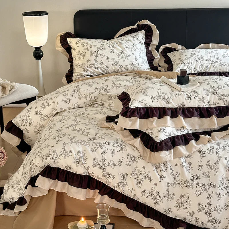 Afralia™ Vintage Floral Cotton Ruffles Princess Bedding Set with Double Layer