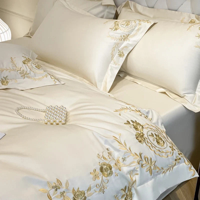 Afralia™ Luxury Gold Flowers Embroidery Cotton Bedding Set