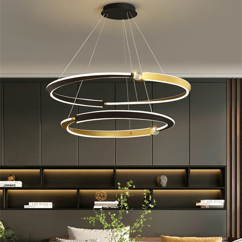 Afralia™ Black Gold LED Ceiling Chandelier Crystal Decorative Pendant Lamp for Dining Room Bedroom