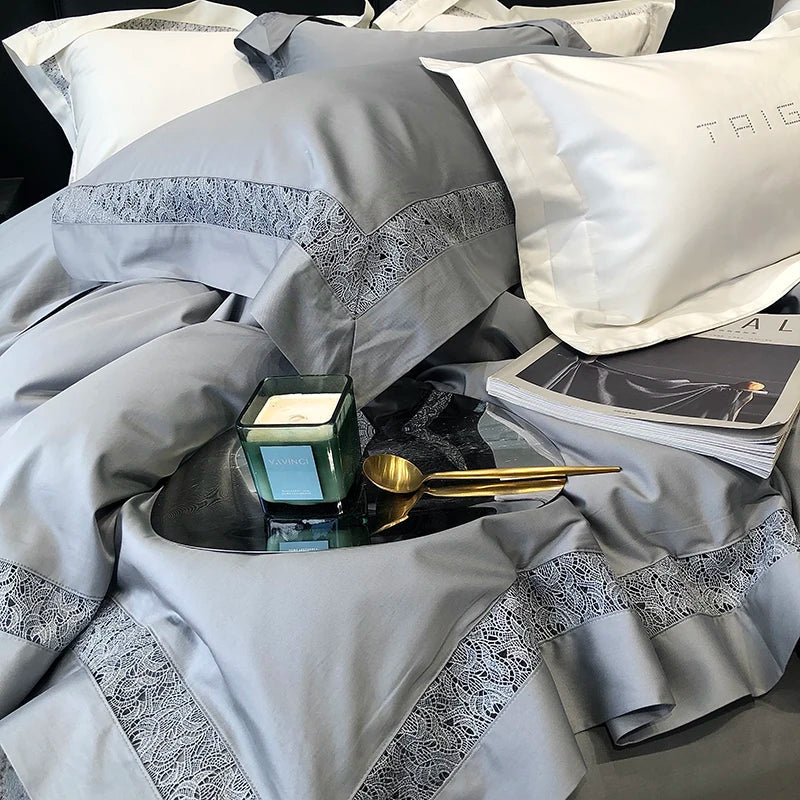 Afralia™ Grey Hollow Lace 1000TC Egyptian Cotton Bedding Set with Wide Edge