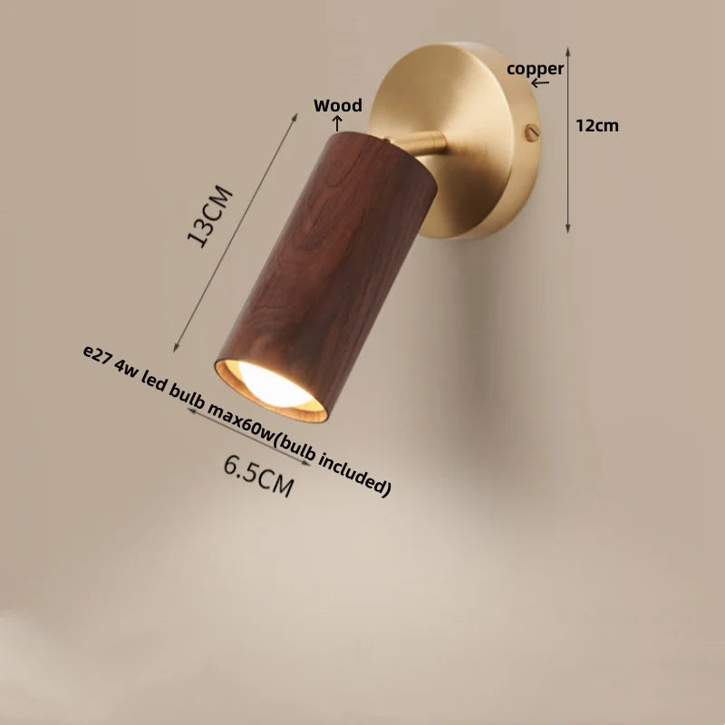 Afralia™ Wood Nordic LED Wall Light - Modern Copper Canopy Bedside Lamp