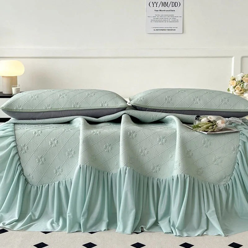 Afralia™ Ice Bean Jacquard Bed Skirt Set - 3 Piece, Summer Washed Mattress Mat