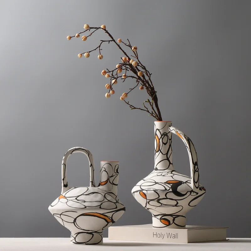 Afralia™ Geometric Graffiti Ceramic Vase with Handles for Home Decor and Floral Arrangements.