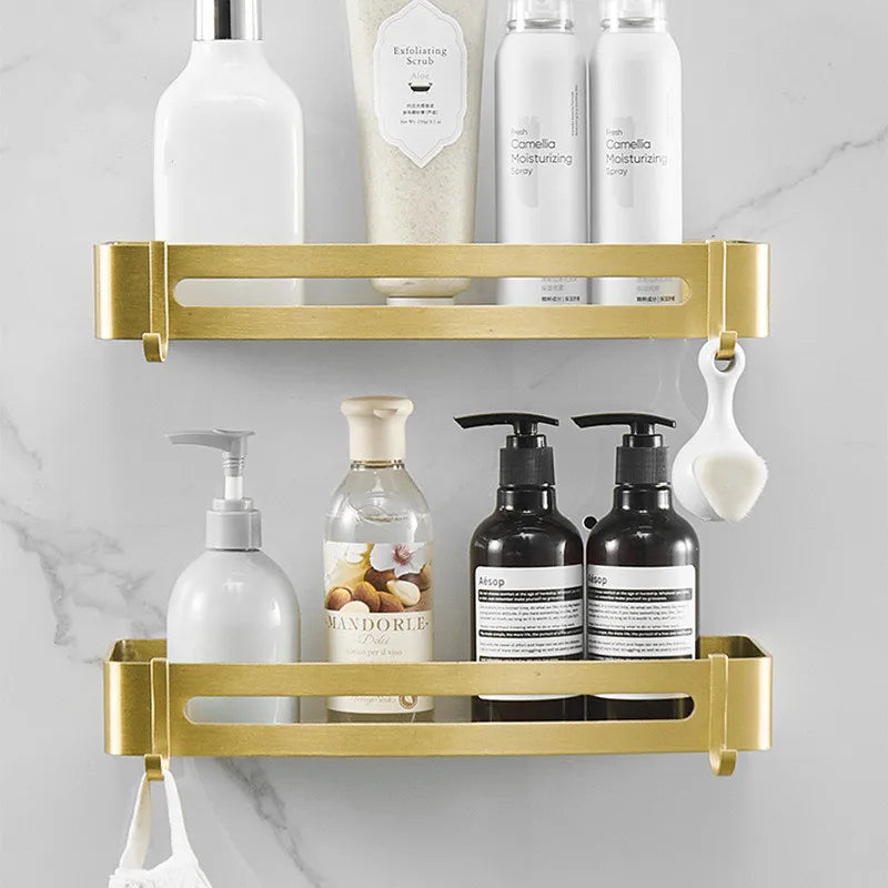 Afralia™ Brushed Gold Aluminum Bathroom Corner Shelf Wall Mounted Shower Shampoo Holder