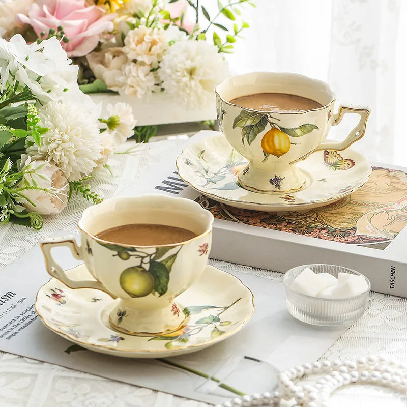 Afralia™ Lemon Pattern Porcelain Tea Set: Teapot, Kettle, Handle Cup, Mugs