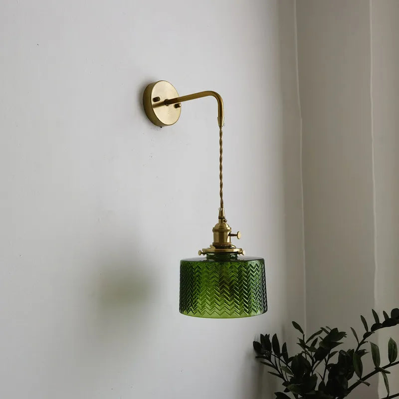 Afralia™ Vintage Green Glass Copper LED Wall Lights Pull Chain Switch Hallway Bedroom Balcony Wall Lamp
