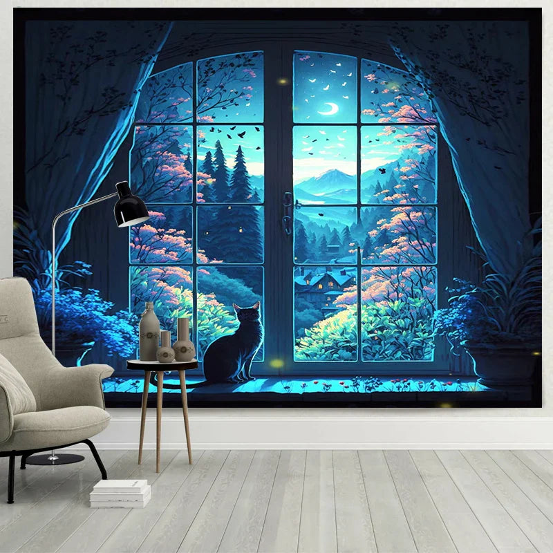 Afralia™ Dreamy Window Cat Tapestry Landscape Wall Cloth for Bedroom & Living Room