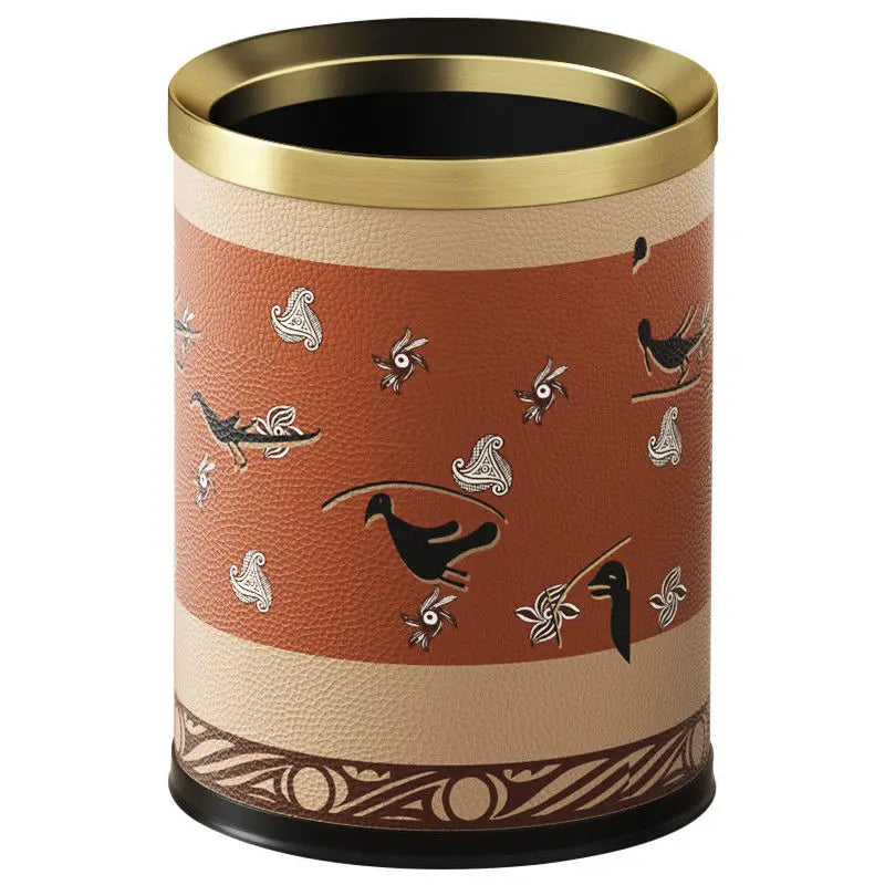 Afralia™ Leather Trash Bin Gold/Silver Metal Large Capacity for Home & Hotel